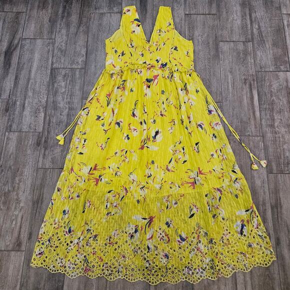 Tanya Taylor Catalina Silk Maxi Dress Floral Yellow Size 16 Sleeveless V-Neck - Picture 11 of 15